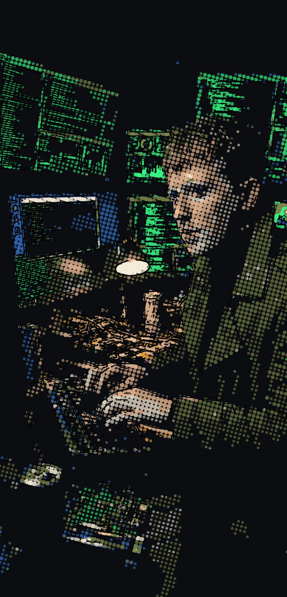 Comic-style halftone portrait of ddordain typing furiously in a dark room lit by green terminal screens